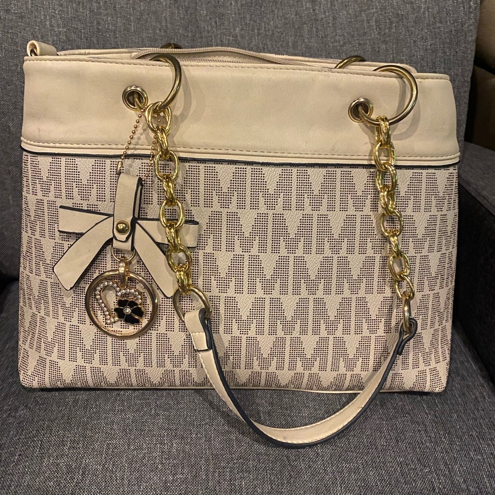 Michael Kors Cream and Tan Shoulder Bag with Gold Accents